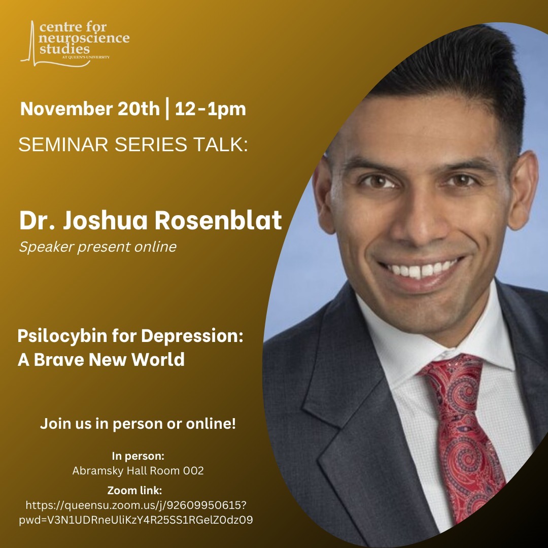 Join us on November 20th from 12-1pm for an insightful seminar by Dr. Joshua Rosenblat on "Psilocybin for Depression: A Brave New World." Explore the potential of psilocybin in mental health treatment and what this research could mean for the future of depression therapy.

📍 Location: Abramsky Hall, Room 002
💻 Or join us online: Zoom link in bio

Don’t miss this opportunity to dive into groundbreaking neuroscience research!